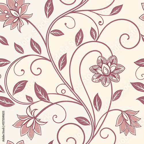 A romantic seamless floral pattern with elegant swirling vines and blossoms in purple hues, ideal for vintage-inspired stationery, fabrics, and home decor.