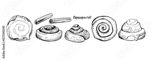 Set of sweet cinnamon buns and cinnamon sticks sketch with inscription. Vector tasty bakery food, yeast french dough, sweet nutrition crusty snack.Text with hand drawn element for cafe, menu, recipe