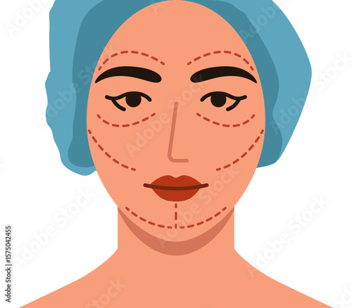 Beautuful young girl face with incision lines with marker. Female face wth incision lines with marker. Plastic surgery flat illustrattion
