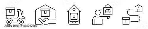Conjunto de iconos de entrega a domicilio. Envío de productos. Motorizado, pago, pedido digital, entrega de comida y trayecto. Ilustración vectorial 