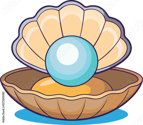 Cartoon pearl in shell vector with open clam and shiny round gem for ocean sea treasure jewelry and nature
