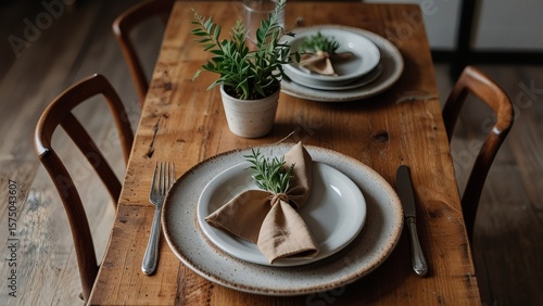 Rustic Wooden Dining Table Set for Two with Ceramic Plates, Linen Napkins, and Fresh Herb Decor