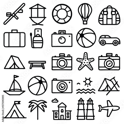 Black and White Travel Icon Set Vacation Trip Summer Holiday Adventure Tourism Symbols Collection