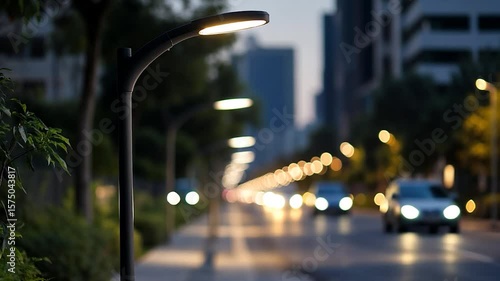 Evening city street with illuminated lampposts and blurred car lights creates a warm atmosphere. Green foliage and buildings provide a natural contrast with artificial lights. Bokeh effects enhance