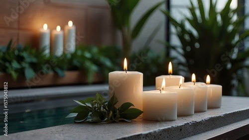 Serene Spa Ambiance with Lit White Candles and Greenery by Indoor Poolside in Soft Natural Light