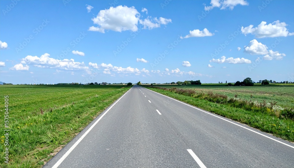 Scenic countryside road stretches into the distance under a beautiful blue sky with fluffy white clouds on a clear day Scenic countryside road stretches into the distance under a beautiful blue sky with fluffy white clouds on a clear day