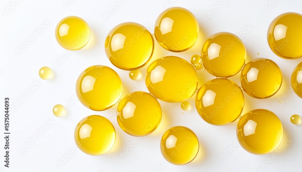 Fototapeta premium Shiny yellow capsules scattered on white create an abstract design, suitable for vitamin and supplement themes.