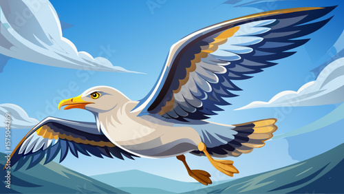 Seagull in flight, looking at the viewer