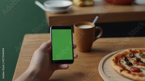 Hand Holding Smartphone with Green Screen at Table beside Pizza and Coffee Cup in Cozy Café Setting