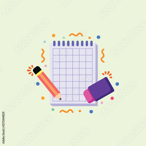 Illustration of a notebook in flat design with a pencil and eraser in bright colors, suitable for educational themes, stationery, studying, school, or everyday writing activities.