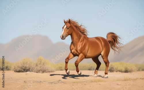 Majestic Chestnut Horse Running Free in the Desert Landscape