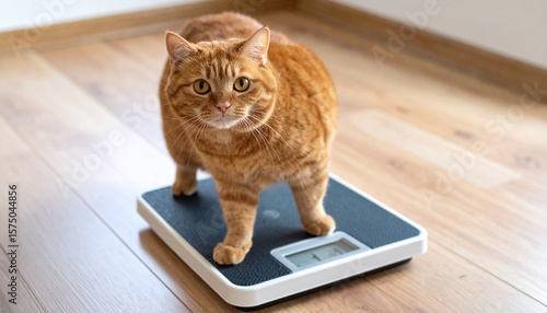 Orange tabby cat stands on a digital bathroom scale, looking directly at the viewer.