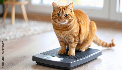Ginger cat stands on a digital scale, looking directly at the viewer with a curious expression.
