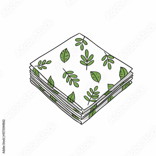 Napkins with leaf print in a stack on a white background  