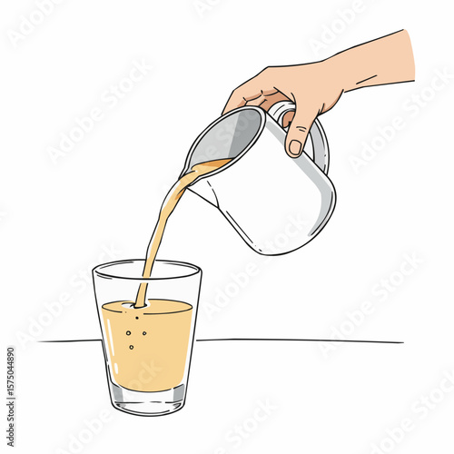Hand pouring gravy into a glass from a small container  