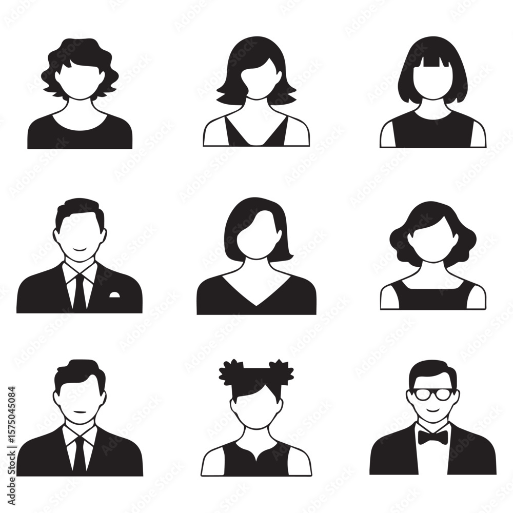 Collection of diverse black and white silhouette icons representing men and women with various hairstyles and formal attire for profile pictures Collection of diverse black and white silhouette icons representing men and women with various hairstyles and formal attire for profile pictures