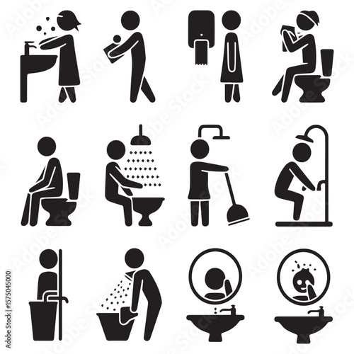 Collection of black silhouette icons depicting various bathroom activities including washing hands using the toilet showering cleaning and personal hygiene routines