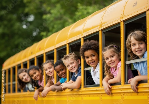 Cheerful children smiling and looking out the windows of a yellow school bus.
