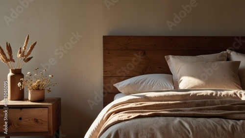 Minimalist Bedroom with Wooden Headboard, Earth-Toned Bedding, and Dried Floral Decor in Natural Light
