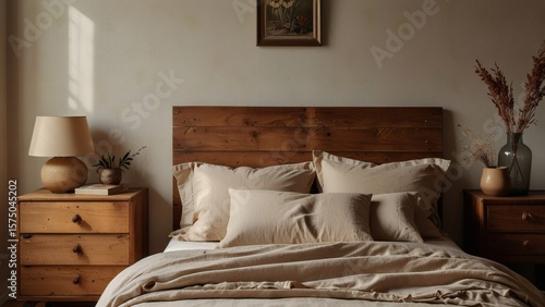 Cozy Rustic Bedroom with Neutral Tones and Wooden Furniture