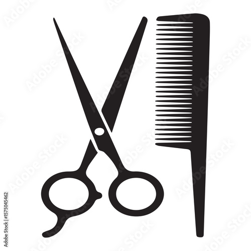 Iconic black silhouette of professional hairdressing scissors crossed with a barber comb on a clean white background representing salon services