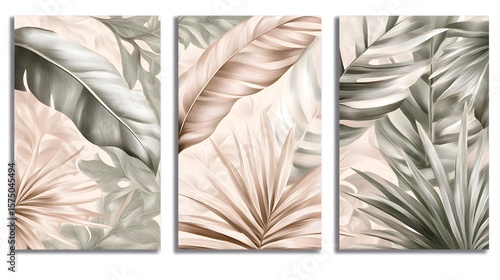 Elegant Tropical Leaf Triptych Beige Green Wall Art Print