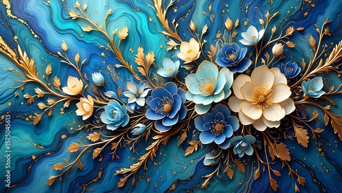 Luxurious Blue and Gold Floral Arrangement, Abstract Blue and Gold Background with Floral Elements