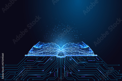 Futuristic glowing open book on circuit board symbolizing AI education, smart learning, e-knowledge