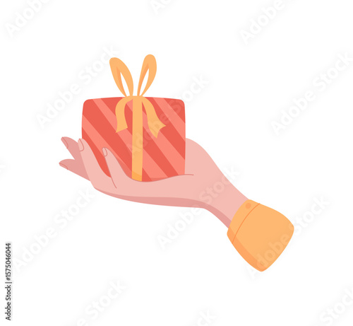 Hand holding a present. Woman exchanges a gift. Flat graphic illustration suitable for various contexts. Ideal for themes of generosity and celebration.