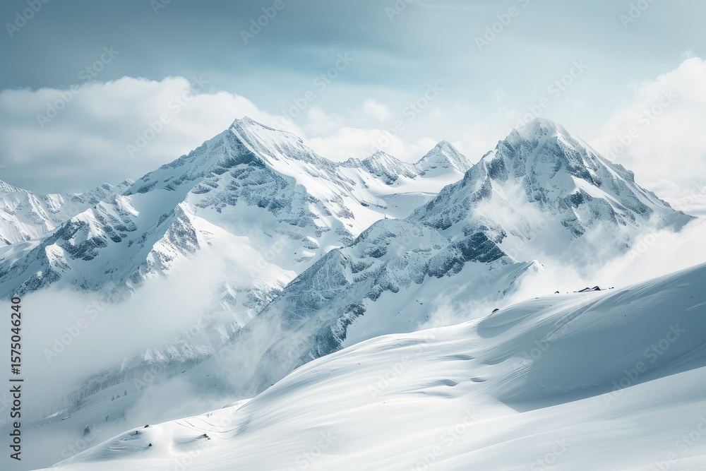 Fototapeta premium Majestic snow capped mountain peaks rising above a layer of clouds, creating a breathtaking winter landscape