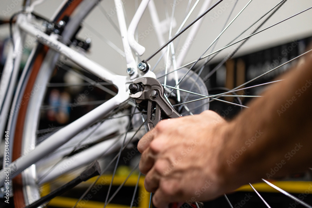 Obraz premium Close up view of serviceman screwing the bolt of bicycle rear wheel. Bike maintenance and workshop.