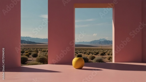 Yellow Cylinder and Sphere in Surreal Pink Desert with Mountains and Soft Sunset Sky