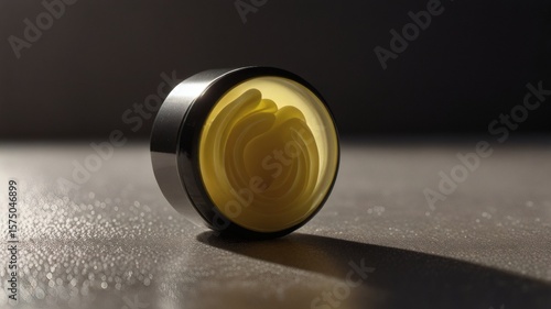 Elegant Yellow Skincare Balm in Luxurious Black Jar Captured in Soft Studio Lighting