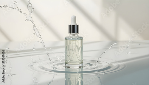 Elegant skincare serum bottle with water splash.A high-quality studio shot showcasing a clear glass serum bottle with a dropper top, positioned within a circle of water ripples.