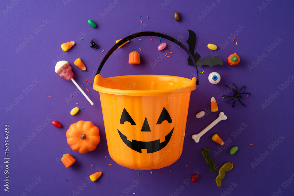 Fototapeta premium Bright orange pumpkin-shaped bucket filled with Halloween spirit accompanied by assorted candies and festive items, showcasing spooky and joyful seasonal atmosphere