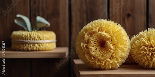 Handmade Yellow Paper Honeycomb Pumpkins with Green Leaves Displayed on Rustic Wooden Shelves