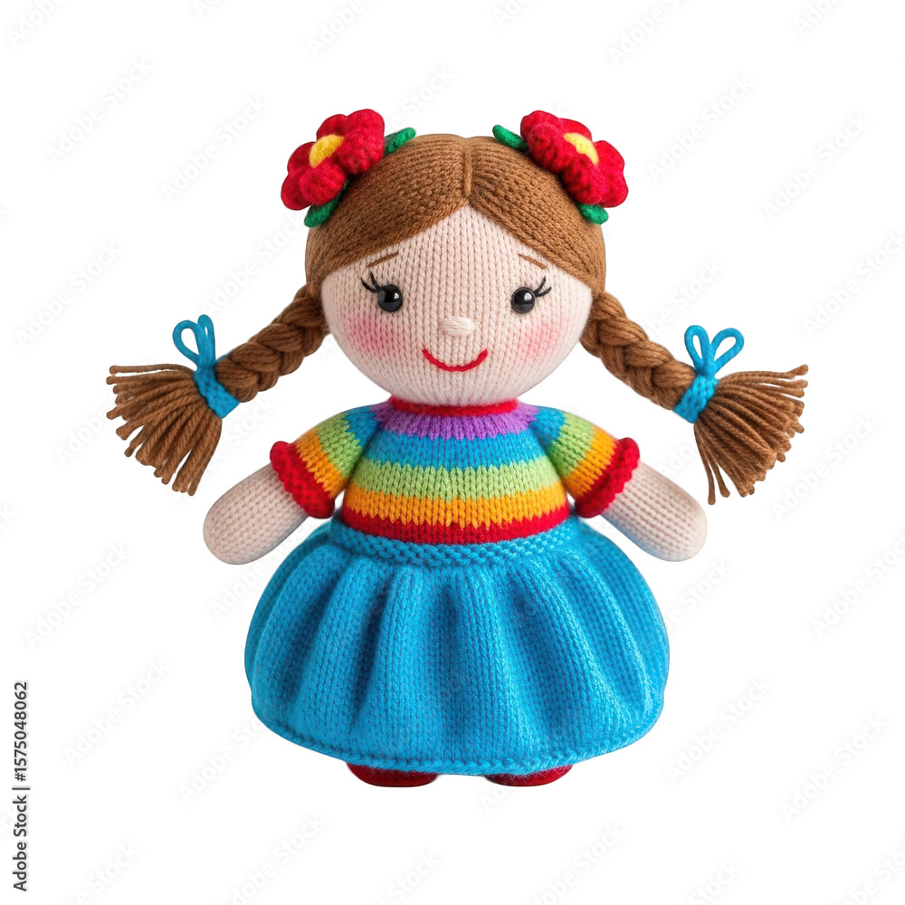 Fototapeta premium Cute knitted girl doll with braided hair wearing a rainbow shirt and blue skirt isolated on transparent background