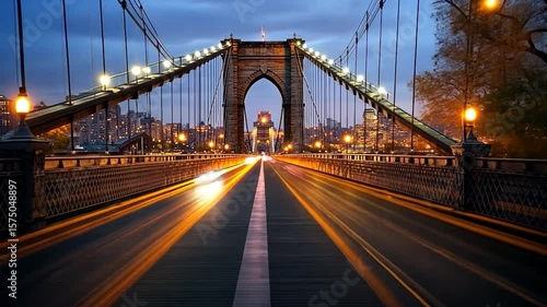 Nighttime video of a suspension bridge with blurred vehicle light trails and city lights in the background featuring a symmetrical composition with warm and cool color tones