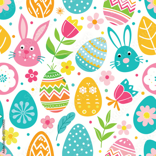 Colorful Easter pattern with eggs, bunnies, flowers, and leaves