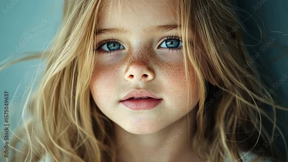 Portrait of a young girl with freckles and flowing blonde hair against a blue background. She has striking blue eyes and a soft expression Portrait of a young girl with freckles and flowing blonde hair against a blue background. She has striking blue eyes and a soft expression
