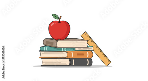 Simple vector illustration of a stack of textbooks with an apple — graphic element

