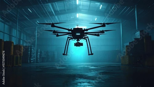 A large drone sits in a dimly lit warehouse