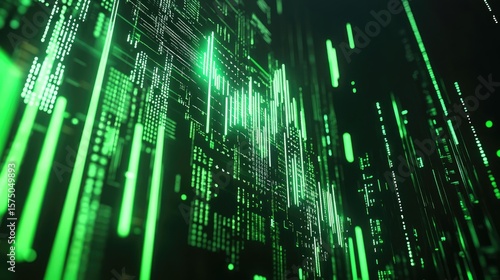 Abstract visualization of green financial data graphs and vertical lines forming a complex digital matrix with glowing grid overlays, symbolizing analytics and market activity. Generative by AI