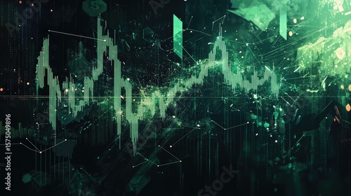 Abstract visualization of green financial data graphs and vertical lines forming a complex digital matrix with glowing grid overlays, symbolizing analytics and market activity. Generative by AI