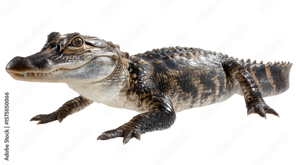 Naklejka premium Young caiman reptile with textured skin and sharp claws isolated on a transparent background