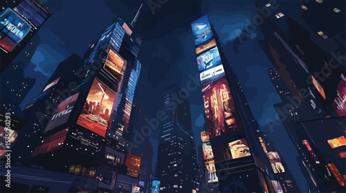 Vibrant City Life Illuminated Skyscraper Billboard Advertising