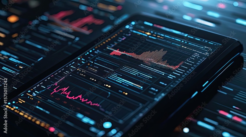 Fototapeta premium Smartphone displaying multiple graphs, charts, and metrics in a sleek user interface designed for financial tracking, trading, or crypto analysis. Generative by AI