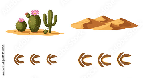 Illustration of desert landscape with cacti sand dunes and decorative curved shapes at the bottom