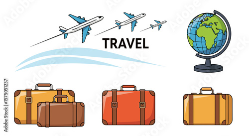 Illustration of airplanes flying above travel text with suitcases and a globe displayed nicely