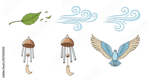 Illustration of a leaf blowing in the wind wind chimes and a bird with its wings spread wide open